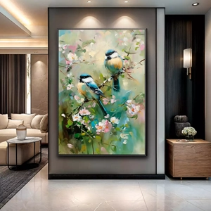 Quadro Dança dos Pássaros Primaveris deitado sobre a superfície, mostrando os detalhes da moldura inferior direita.
