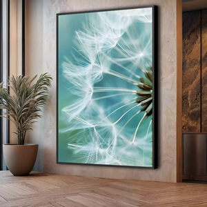 Quadro Dente de Leão em Brumas de Esperança Etérea deitado sobre a superfície, mostrando os detalhes da moldura inferior direita.