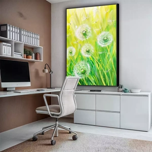 Quadro Dente de Leão deitado sobre a superfície, mostrando os detalhes da moldura inferior direita.
