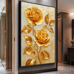 Quadro Dourado Encanto das Rosas Resplandecentes deitado sobre a superfície, mostrando os detalhes da moldura inferior direita.