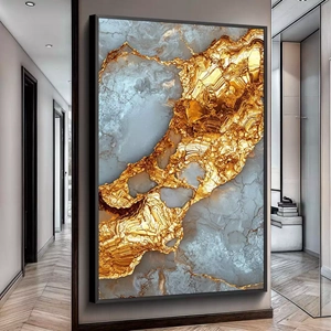 Quadro Dourado Fluxo das Rochas Celestiais deitado sobre a superfície, mostrando os detalhes da moldura inferior direita.