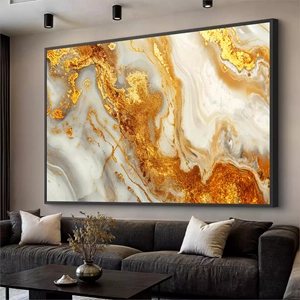 Quadro Dourado Fluxo de Mármore Eterno deitado sobre a superfície, mostrando os detalhes da moldura inferior direita.