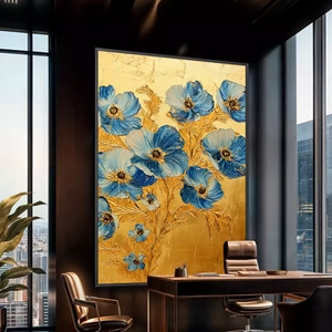 Quadro Dourado Jardim de Flores Celestiais deitado sobre a superfície, mostrando os detalhes da moldura inferior direita.