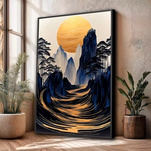 Quadro Dourado Refúgio Entre Montanhas e Rios deitado sobre a superfície, mostrando os detalhes da moldura inferior direita.