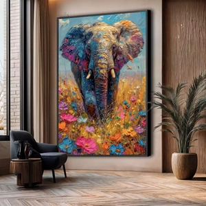 Quadro Elefante em Harmonia Com Flores Vivas deitado sobre a superfície, mostrando os detalhes da moldura inferior direita.