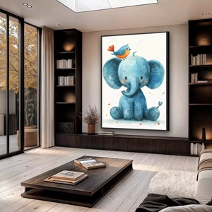 Quadro Elefante Infantil e o Pássaro Azul deitado sobre a superfície, mostrando os detalhes da moldura inferior direita.