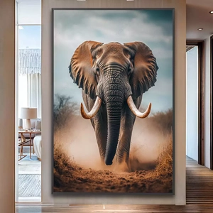 Quadro Elefante Majestoso Empoeirado Sob o Céu Tempestuoso deitado sobre a superfície, mostrando os detalhes da moldura inferior direita.