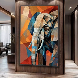 Quadro Elefante Prismático na Aurora das Cores deitado sobre a superfície, mostrando os detalhes da moldura inferior direita.