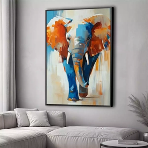 Quadro Elefante Vibrante em Movimento das Cores deitado sobre a superfície, mostrando os detalhes da moldura inferior direita.