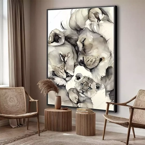 Quadro Família de Leões em Laços de Ternura Eterna deitado sobre a superfície, mostrando os detalhes da moldura inferior direita.