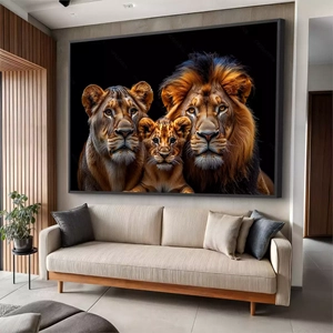 Quadro Família de Leões em Olhares Poderosos de Realeza deitado sobre a superfície, mostrando os detalhes da moldura inferior direita.