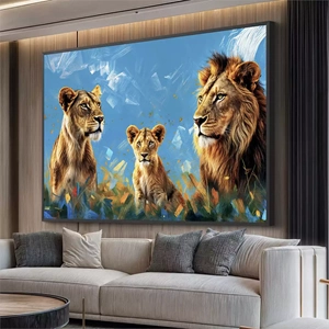 Quadro Família de Leões em Serenidade Majestosa deitado sobre a superfície, mostrando os detalhes da moldura inferior direita.