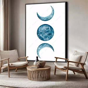 Quadro Fases da Lua Abstrato deitado sobre a superfície, mostrando os detalhes da moldura inferior direita.