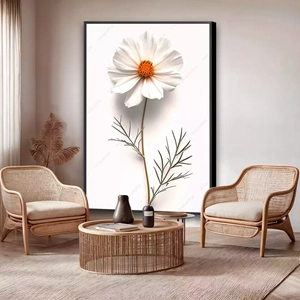 Quadro Flor Margarida Branca em Serenidade Intensa deitado sobre a superfície, mostrando os detalhes da moldura inferior direita.