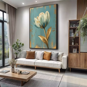 Quadro Flor deitado sobre a superfície, mostrando os detalhes da moldura inferior direita.