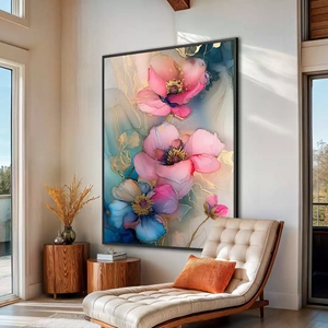 Quadro Flores de Ouro em Sonho Etéreo deitado sobre a superfície, mostrando os detalhes da moldura inferior direita.
