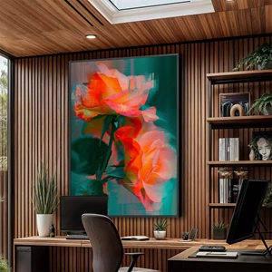 Quadro Flores Vermelhas na Dança das Sombras Luminosas deitado sobre a superfície, mostrando os detalhes da moldura inferior direita.
