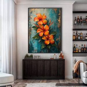 Quadro Flores Vibrantes Alegrando a Parede Desgastada deitado sobre a superfície, mostrando os detalhes da moldura inferior direita.
