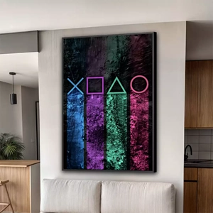 Quadro Gamer deitado sobre a superfície, mostrando os detalhes da moldura inferior direita.