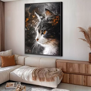 Quadro Gato Cósmico dos Sonhos Estelares deitado sobre a superfície, mostrando os detalhes da moldura inferior direita.