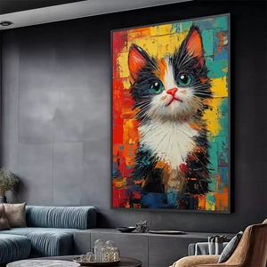 Quadro Gato dos Sonhos em Pinceladas Coloridas deitado sobre a superfície, mostrando os detalhes da moldura inferior direita.