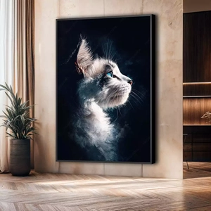 Quadro Gato Místico dos Olhos de Safira deitado sobre a superfície, mostrando os detalhes da moldura inferior direita.