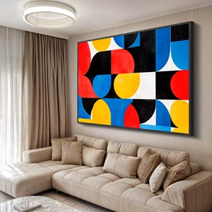 Quadro Geométrico deitado sobre a superfície, mostrando os detalhes da moldura inferior direita.