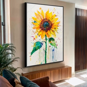 Quadro Girassol deitado sobre a superfície, mostrando os detalhes da moldura inferior direita.
