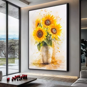 Quadro Girassol da Primavera em Cores Radiantes deitado sobre a superfície, mostrando os detalhes da moldura inferior direita.