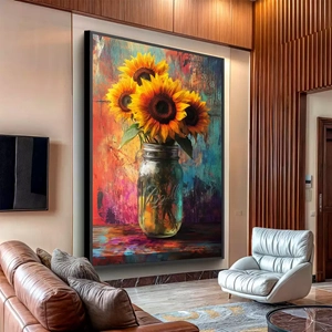 Quadro Girassol de Luz e Cores Vibrantes deitado sobre a superfície, mostrando os detalhes da moldura inferior direita.