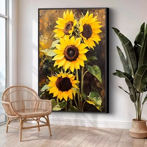 Quadro Girassol de Ouro em Beleza Radiante deitado sobre a superfície, mostrando os detalhes da moldura inferior direita.