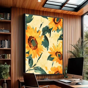 Quadro Girassol de Pinceladas Vibrantes e Alegria deitado sobre a superfície, mostrando os detalhes da moldura inferior direita.