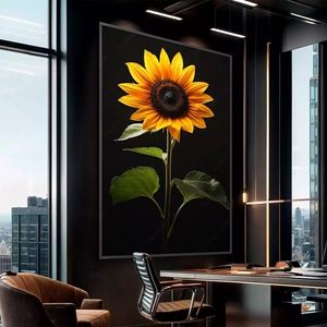Quadro Girassol em Brilho de Ouro Noturno deitado sobre a superfície, mostrando os detalhes da moldura inferior direita.