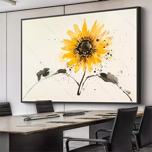 Quadro Girassol em Explosão de Cores Vivas deitado sobre a superfície, mostrando os detalhes da moldura inferior direita.