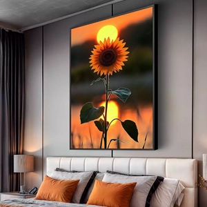 Quadro Girassol Sereno deitado sobre a superfície, mostrando os detalhes da moldura inferior direita.