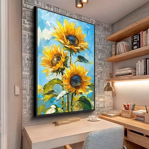 Quadro Girassol Sob o Céu deitado sobre a superfície, mostrando os detalhes da moldura inferior direita.