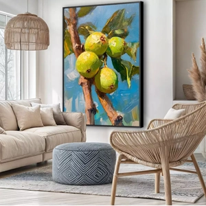 Quadro Goiaba deitado sobre a superfície, mostrando os detalhes da moldura inferior direita.