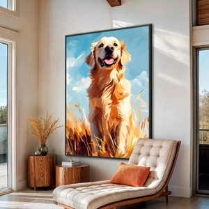 Quadro Golden Retriever no Campo deitado sobre a superfície, mostrando os detalhes da moldura inferior direita.