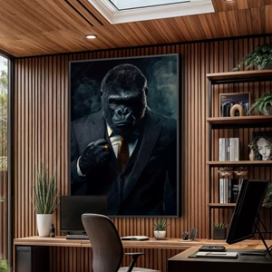 Quadro Gorila Dark deitado sobre a superfície, mostrando os detalhes da moldura inferior direita.