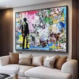 Quadro Grafite Caos e Identidade Urbana Cores deitado sobre a superfície, mostrando os detalhes da moldura inferior direita.