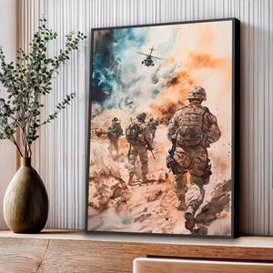 Quadro Guerra deitado sobre a superfície, mostrando os detalhes da moldura inferior direita.