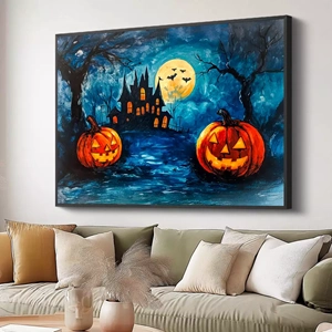 Quadro Halloween deitado sobre a superfície, mostrando os detalhes da moldura inferior direita.