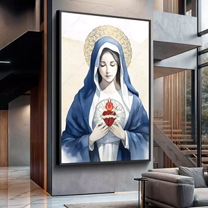 Quadro Imaculado Coração de Maria watercolor deitado sobre a superfície, mostrando os detalhes da moldura inferior direita.