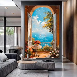 Quadro Janela do Mediterrâneo deitado sobre a superfície, mostrando os detalhes da moldura inferior direita.