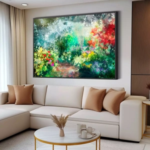 Quadro Jardim em Pintura Abstrata deitado sobre a superfície, mostrando os detalhes da moldura inferior direita.