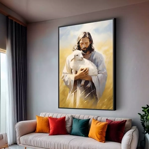 Quadro Jesus Acolhendo O Cordeiro Com Amor Eterno deitado sobre a superfície, mostrando os detalhes da moldura inferior direita.