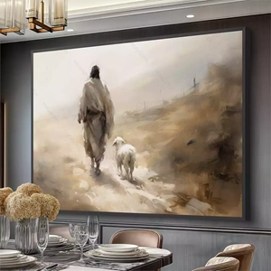 Quadro Jesus Caminhando Com A Ovelha Perdida deitado sobre a superfície, mostrando os detalhes da moldura inferior direita.