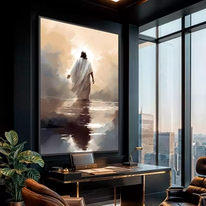 Quadro Jesus Caminhando Sobre a Luz Celestial deitado sobre a superfície, mostrando os detalhes da moldura inferior direita.