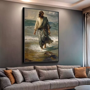 Quadro Jesus Caminhando Sobre As Águas Serenas deitado sobre a superfície, mostrando os detalhes da moldura inferior direita.