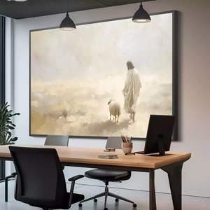 Quadro Jesus é o Caminho a Verdade e a Vida deitado sobre a superfície, mostrando os detalhes da moldura inferior direita.